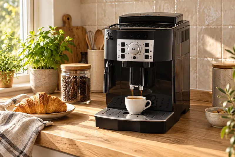 Une machine à café à grain sur le plan de travail d’une cuisine, le matin (illustration)