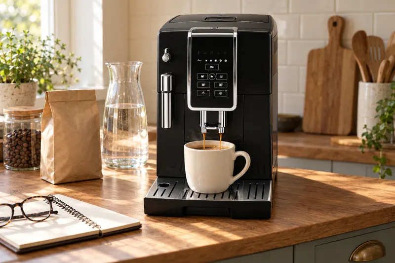 La De’Longhi Dinamica verse un café long dans un grand mug (illustration)