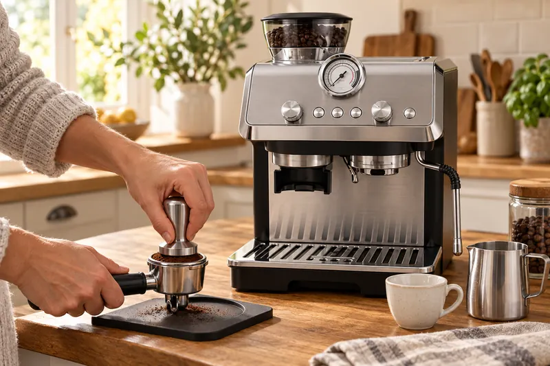 On tasse le café moulu dans le porte-filtre de la De’Longhi La Specialista Arte (illustration)