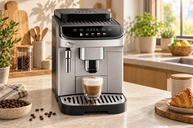 La De’Longhi Magnifica Evo sur un plan de travail clair, un cappuccino sous le bec (illustration)