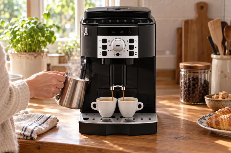 La De’Longhi Magnifica S prépare deux expressos à la fois dans une cuisine familiale (illustration)