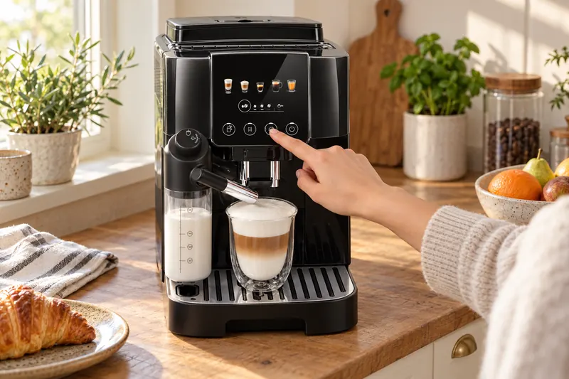 La De’Longhi Magnifica Start dans une petite cuisine lumineuse, un verre de latte macchiato sous le bec (illustration)