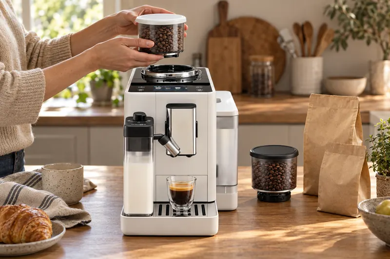 On retire l’un des deux bacs à grains de la De’Longhi Rivelia pour changer de café (illustration)