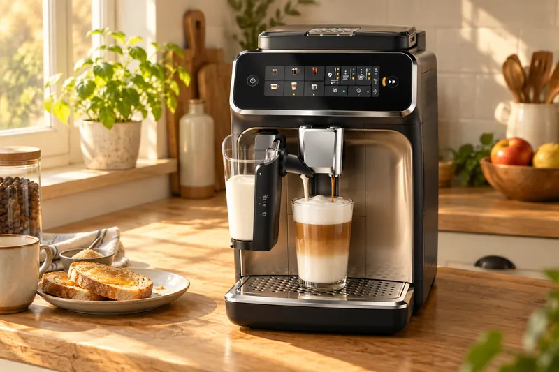La Philips 3300 LatteGo prépare un latte macchiato dans une cuisine au petit matin (illustration)