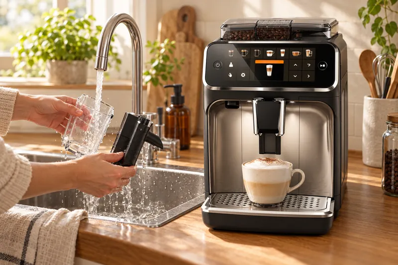 Les deux pièces du pot à lait LatteGo rincées sous le robinet, à côté de la Philips 5400 (illustration)