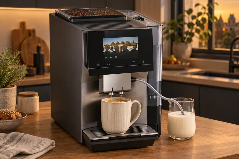 La Siemens EQ700 iAroma remplit un grand mug dans une cuisine moderne (illustration)