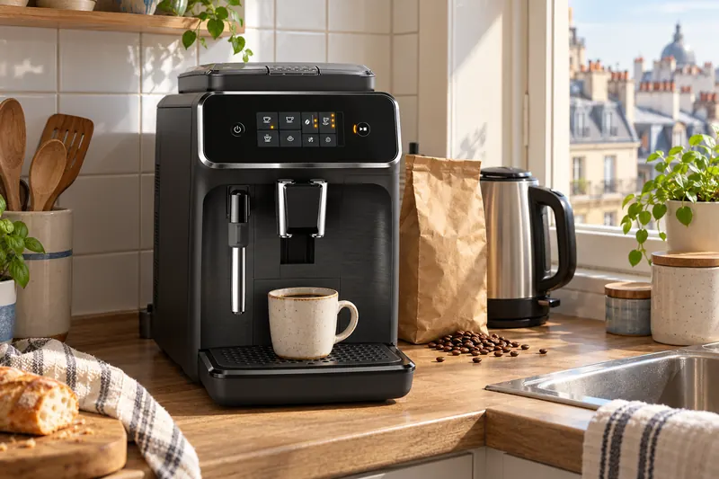 Une machine à café à grain dans une petite cuisine simple, un mug de café sous le bec (illustration)