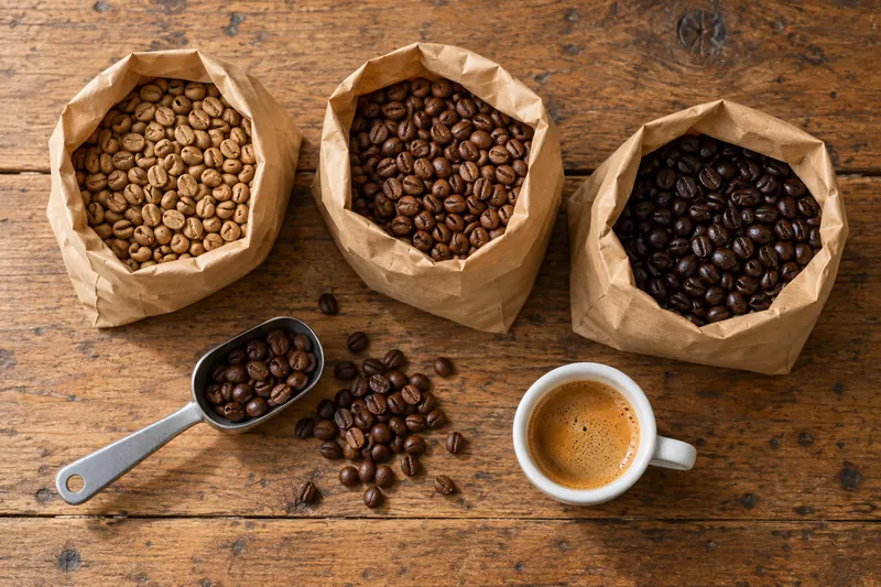 Trois sachets de café en grains de torréfactions différentes, une mesurette et un expresso (illustration)