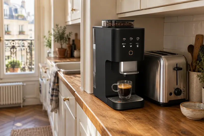 Une machine à café à grain compacte glissée dans une cuisine étroite d’appartement (illustration)