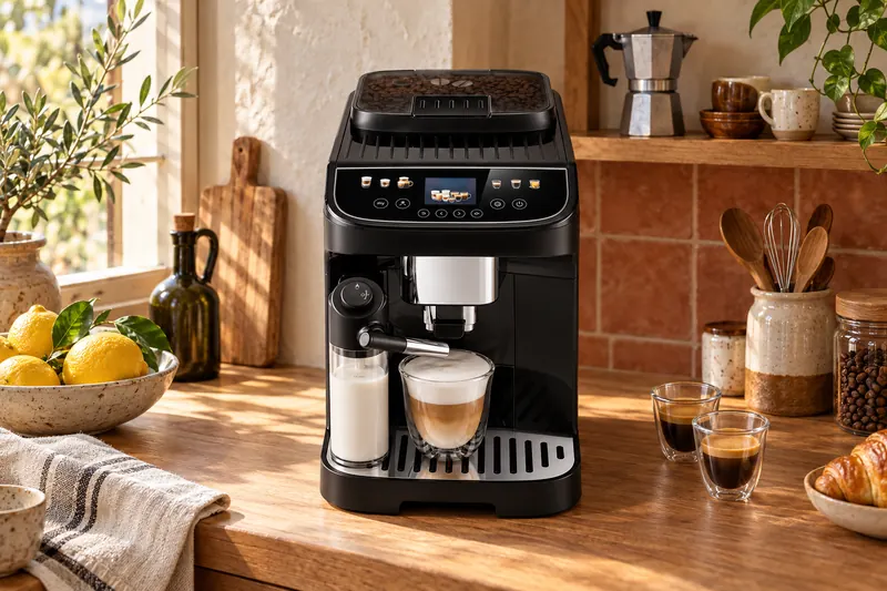 Une De’Longhi Magnifica Evo Next prépare un cappuccino dans une cuisine aux carreaux de terre cuite (illustration)