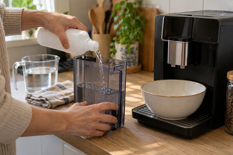Des mains versent un produit détartrant dans le réservoir d’eau d’une machine à café à grain (illustration)