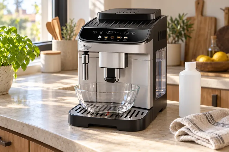 Une De’Longhi Magnifica Evo pendant son détartrage, un saladier sous la buse et le flacon de détartrant à côté (illustration)