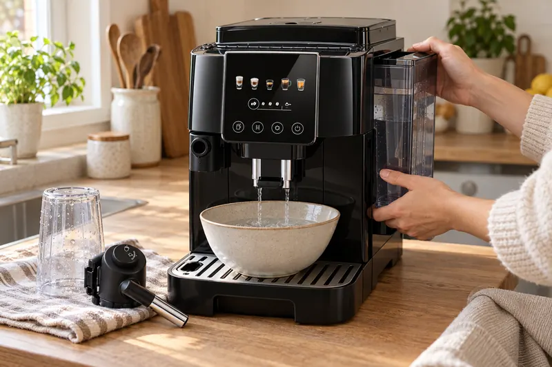 Rinçage d’une De’Longhi Magnifica Start après détartrage, la carafe à lait posée à côté (illustration)