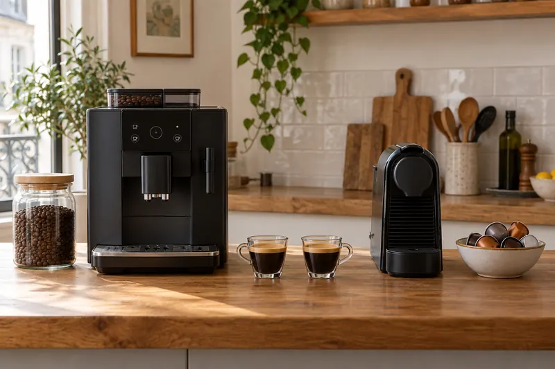 Une machine à café à grain et une machine à capsules côte à côte, deux expressos entre elles (illustration)
