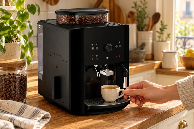 Une Krups Essential sert un expresso dans une cuisine d’appartement (illustration)