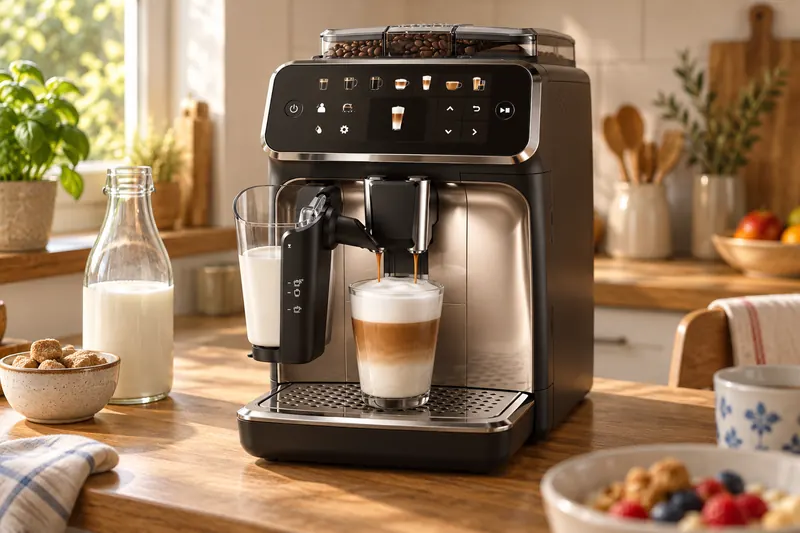 Une machine à café à grain qui prépare un cappuccino au petit-déjeuner (illustration)