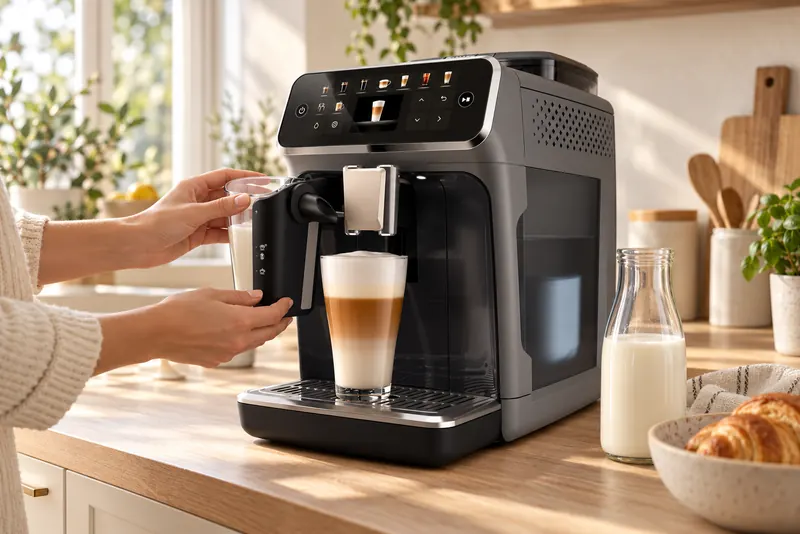On fixe le pot à lait LatteGo sur une Philips 5500 avant un latte macchiato (illustration)