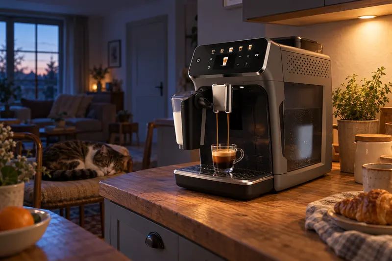 Une machine à café à grain dans une cuisine à l’aube, un chat endormi sur une chaise (illustration)